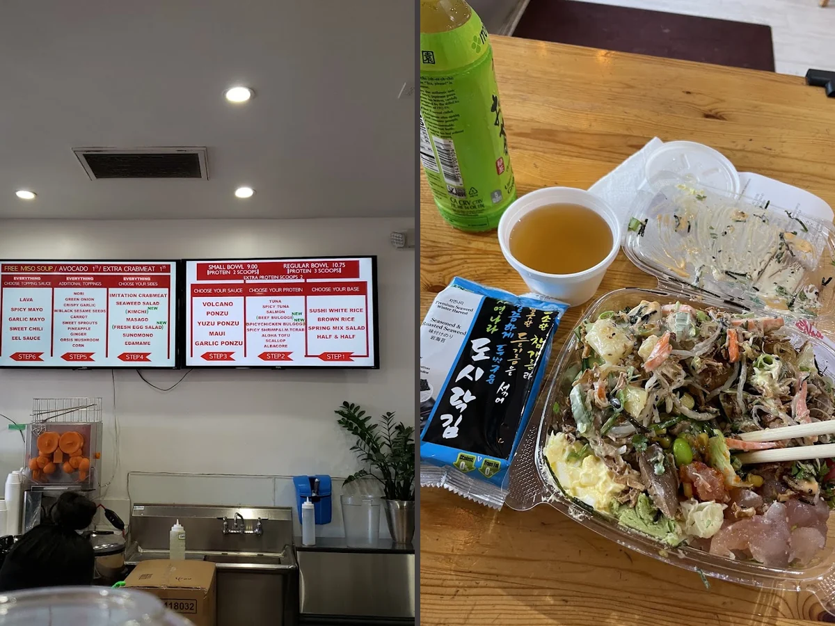 Casual restaurant seating beside a prepared bowl display