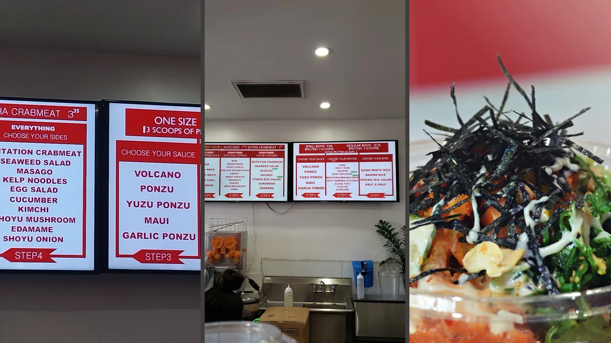 Poke bowls with fresh toppings on a counter
